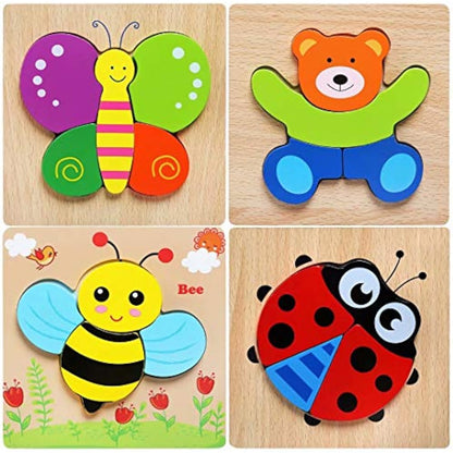 Afufu Wooden Jigsaw Puzzles for Toddlers 1 2 3 Years Old, Boys &Girls Educational Montessori Learning Toys Gift with 4 Animals Patterns, Bright Vibrant Color Shapes of Animal