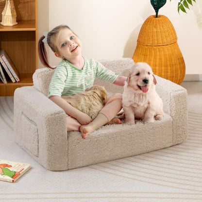 BEJOY Kids Sofa Bed, Extra Wide 2-in-1 Toddler Soft Sherpa Couch Fold Out, Convertible toddler bed to Lounger for Girls and Boys, Light Grey