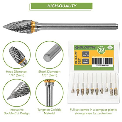 BLOSTM Rotary Burrs Set - 10pcs Tungsten Carbide Die Grinder Bits for Rotary Tool, 1/8 Inches Shank, Wear Resistant Files for Metal, Polishing, Drilling, Carving Burrs for Wood - 10 PACK