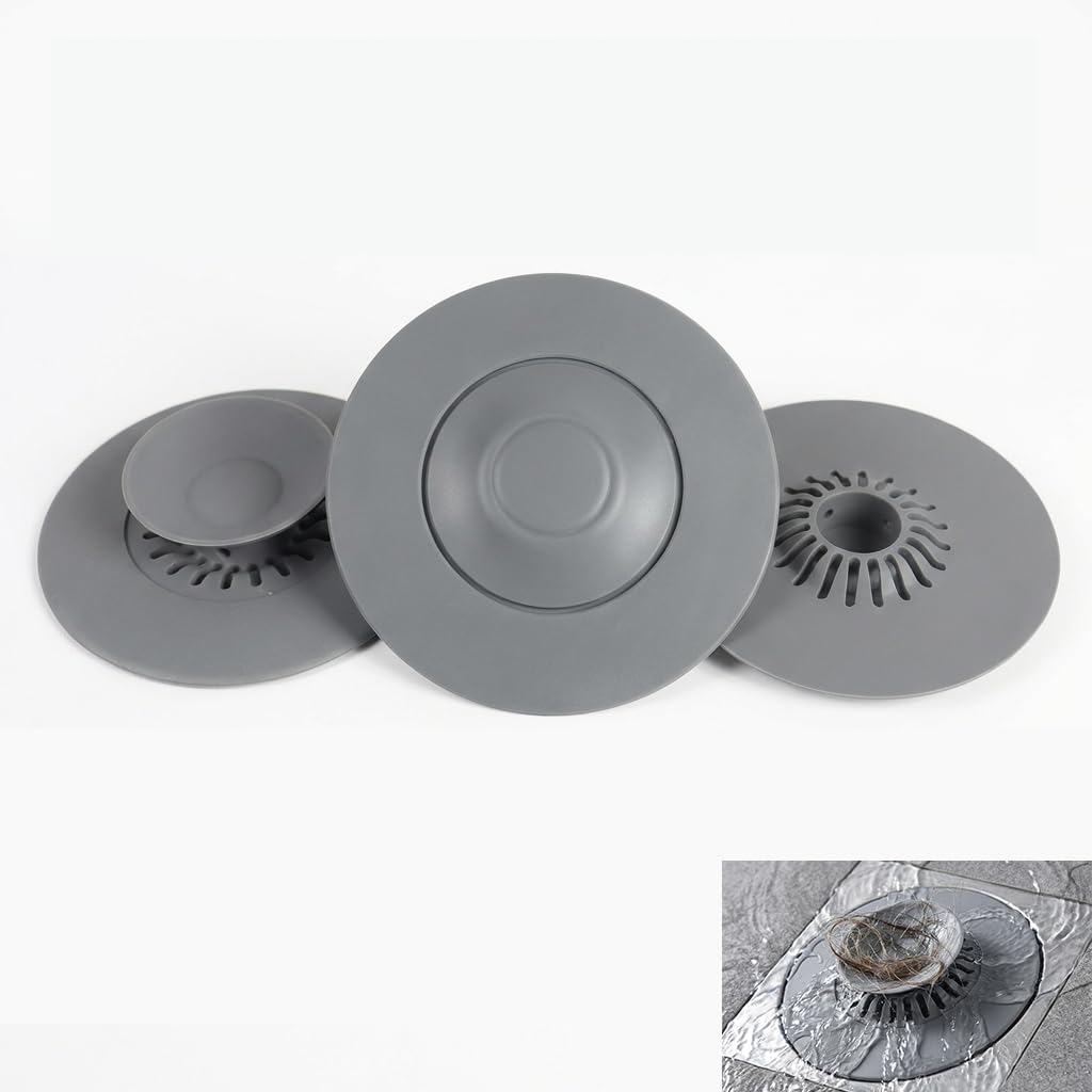 CleaZeny 2-Pack Silicone Press-Type Universal Bath Plug, 10.8cm Grey