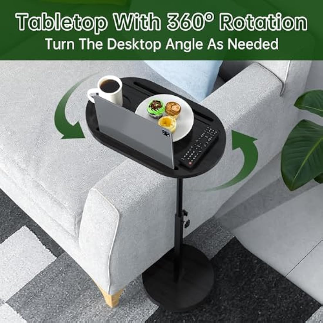 NiHome Bamboo Swivel TV Tray Table with Thickened Stable Non-Tipping Base,Adjustable Height Couch Table Tray,End Table,Bathtub Side Tray Table with 360° Rotating for Hot Tub Bedside Sofa Balcony,Black