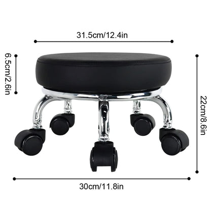 WKWKER Roller Seat PU Leather Low Round Rolling Stool Small Chair with Universal Swivel Caster Wheels for Home Office Garage Shop Fitness Sport（Black）