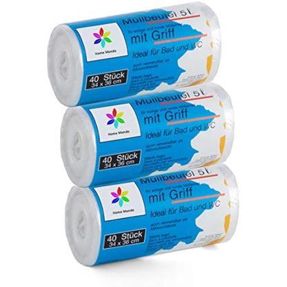 Sunmondo 3 x 40pcs 5L Bin Liners with Handle - Cosmetic, Size 34x36cm, 120pcs