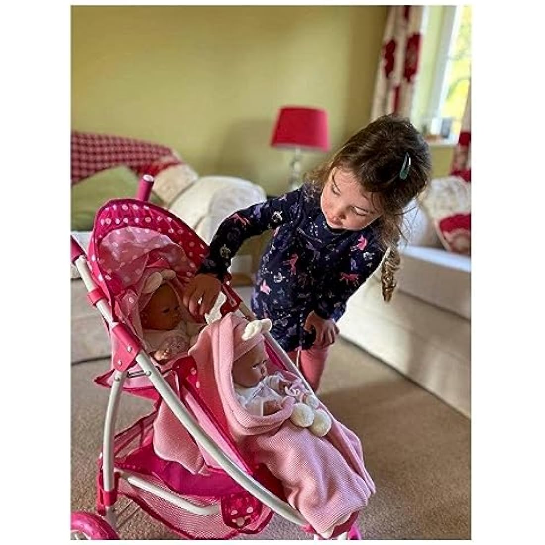 Roma Dotty Dolls Pram with 2 Seats - Dolls Pushchair for 2 Dolls or Teddies, Dolls Double Buggy with Handle Height of 65cm, Suitable for Age 3+, Includes Shopping Basket