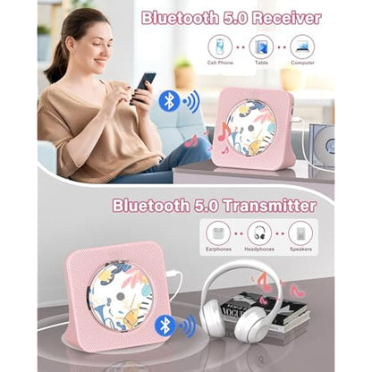 Greadio Portable CD Player with Bluetooth 5.0, Desktop CD Players for Home, CD Music Player with Speakers, Remote Control, Dust Cover, FM Radio, LCD Display, AUX, USB, Headphone Jack, Pink