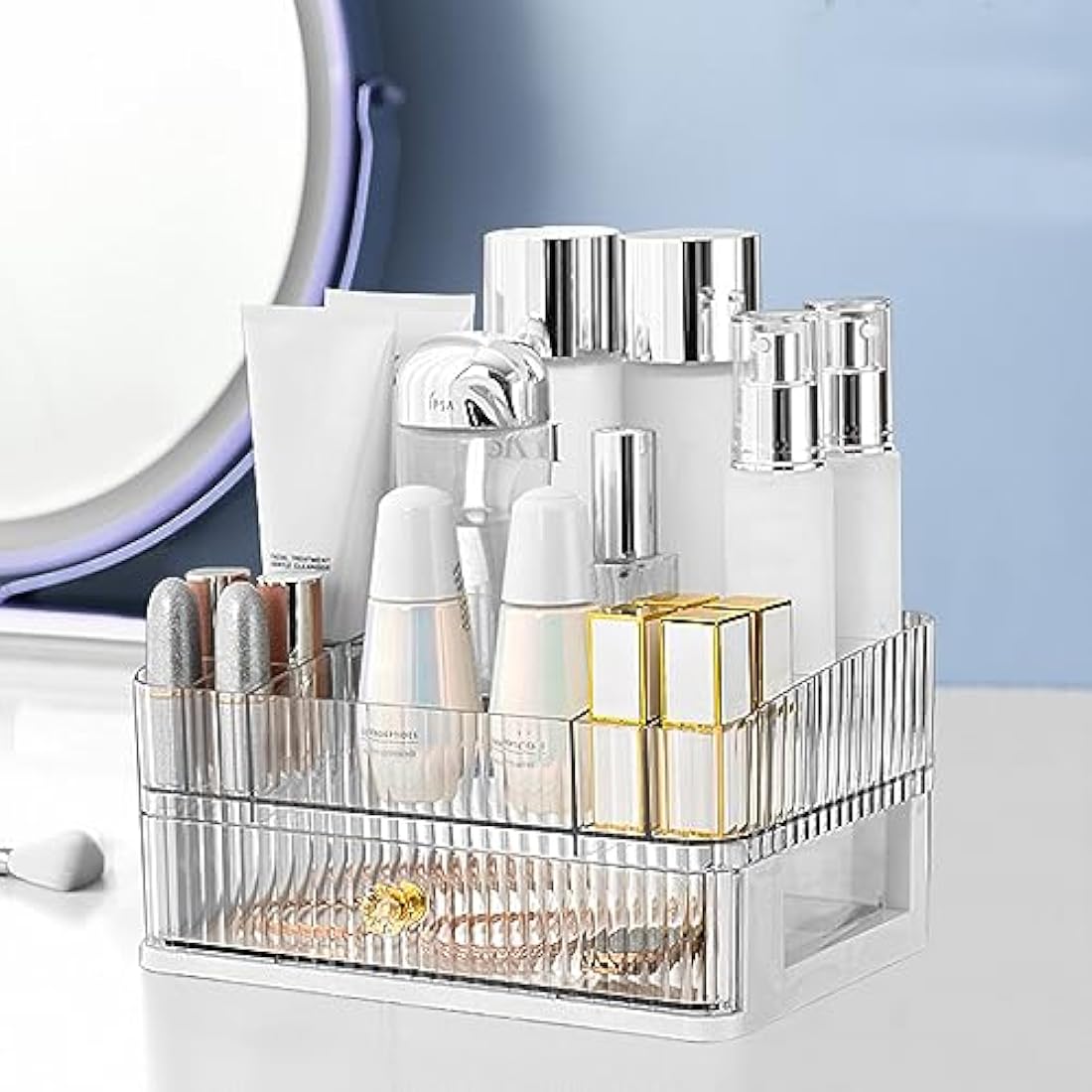 OKUYAN Clear 2-Tier Makeup Organiser Tray - Desk and Dressing Table Organizer for Skincare and Cosmetics - Acrylic Storage Box With Drawers for Vanity and Bathroom