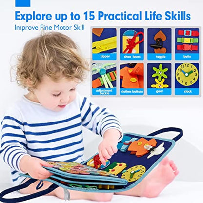 hahaland Montessori Busy Board for Children of 3+ Years Old, Activity Sensory Book Offers Preschool Educational Skill Learning, Quiet Travel Toys for Plane Car, Birthday Gifts for Boys- Blue Dinosaur