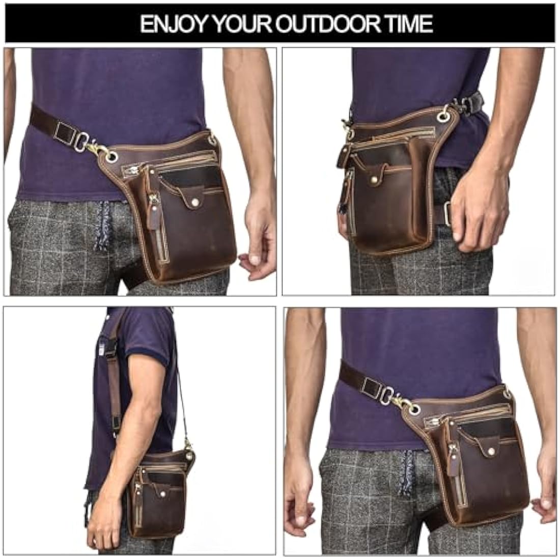 Mens Genuine Leather Messenger Shoulder Bag Motorcycle Bike Riding Cycling Multi-Purpose Thigh Waist Fanny Pack Travel Hiking Sports Camping Pouch, Dark Brown