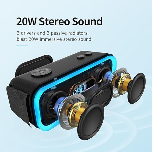 DOSS SoundBox Pro Bluetooth Speaker with 20W Stereo Sound, Active Extra Bass, 20H Playtime, IPX6 Waterproof, TWS Pairing, Multi-Colors Lights, Portable for Hiking, Camping, Beach, Outdoor, Party-Black