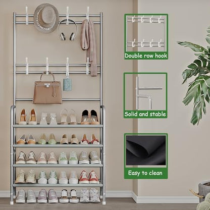 Dazioter Coat Rack Shoe Rack With Storage Shelf Freestanding with 8 Hooks for Entryway Bedroom (Grey, 4Tier)