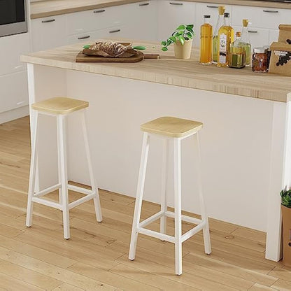 YMYNY Bar Stools Square Base Set of 2, Tall Breakfast Bar Stools with Footrest for Kitchen, Industrial Style, for Dining Room, Party Room, 29.5 x 29.5 x 70CM, Natural & White HBS511R