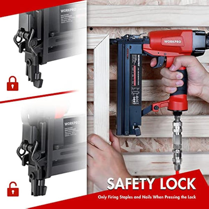 WORKPRO Air Brad Nailer Gun 50mm, 2-in-1 Nail Gun/Upholstery Stapler, Accepts 18G Nails 15-50mm & Type 90 Staples 16-40mm, Lightweight Aluminum Body, Come with 400pcs Nails and 300pcs Staples