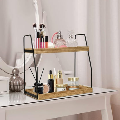 BRAVECOW Coffee Station Organizer, Desktop Table Surface Shelf Stand Wooden Display Storage Rack 2 Tier Condiment, Makeup Tools