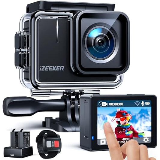 iZEEKER Action Camera 4K 20MP, 40M Waterproof Underwater Camera for Snorkeling, Camcorder with EIS, Helmet Camera with 2" Touchscreen, 170°Wide Angle, 2 Batteries, WiFi, Remote Control, Accessories