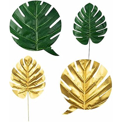 Artificial Palm Leaves, 20 Pcs Faux Monstera Leaves Golden Fake Jungle Leaf Tropical Leave with Stems for Hawaiian Jungle Theme Tropical Party Table Decorations