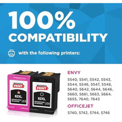 WonnaPrint 62XL Ink Cartridges Replacement for HP 62 62 XL Black and Colour for HP Envy 5540 5541 5544 5546 5644 5541 5542 5640 5646 OfficeJet 250 5740 5742