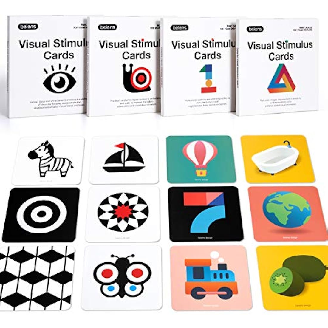 beiens Newborn Essentials Sensory Toys Cards, 160 Page Black White Visual Stimulation Learning Activity Cards for Babies Ages 0-3-6-12-36 Months, 5.5'' x 5.5'' Baby Essentials for Newborn Toys Gifts