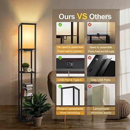OUTON Floor Lamp Shelf with Remote Control, Dimmable & 4 Colour Temperature Adjustable, 1H Timer, LED Floor Lamp with 2 USB Ports, Floor Lamps with Lampshade for Living Room, Bedroom, Office(Black)
