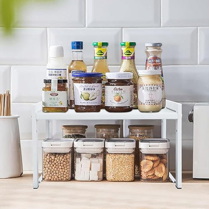 Goodsnetic Expandable Cabinet Shelf 13.8~26"(L), Stackable Kitchen Counter Organizer, 33LBS Heavy Duty Riser, Countertop Storage Pantry ， Durable Metal Sink Shelf (White L)