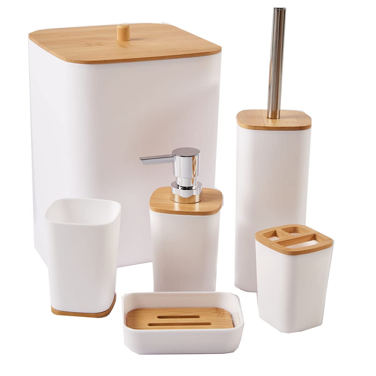 JETAINE 6 Pieces Bamboo Bathroom Accessories set, Luxury Modern Bathroom Accessory Bath Set, White Toilet Accessories w/Trash Can