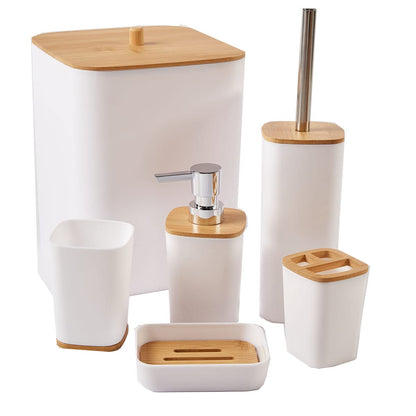 JETAINE 6 Pieces Bamboo Bathroom Accessories set, Luxury Modern Bathroom Accessory Bath Set, White Toilet Accessories w/Trash Can