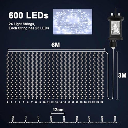 yowin Curtain Lights 600 LED 6m x 3m Gazebo Lights Mains Powered with Timer, 8 Modes Curtain Fairy Light Outdoor Waterproof Wall Hanging Light for Pergola Indoor Bedroom Wedding Decorations - White