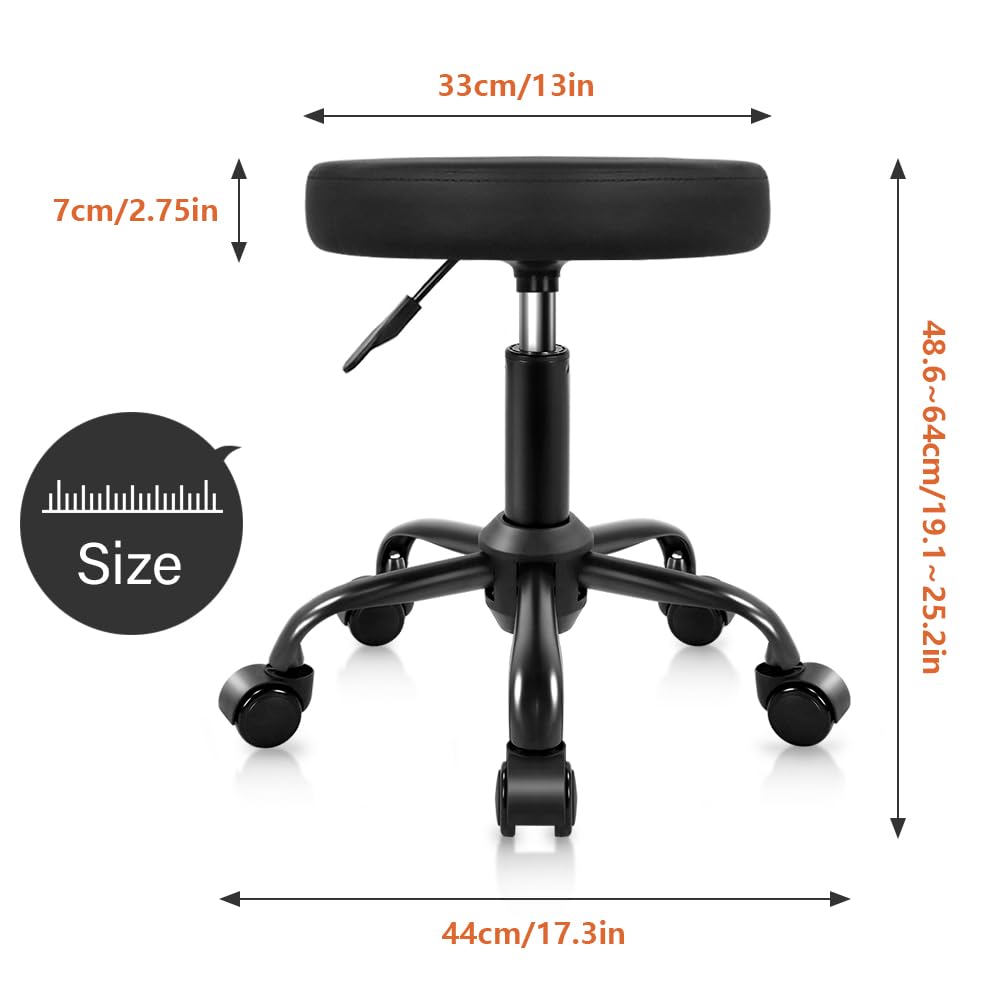 KKTONER Round Rolling Stool Height Adjustable Stool PU Leather Chair with Wheels Salon Spa Drafting stools Small (Black)