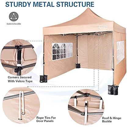 MAXIMUS HEAVY DUTY POP UP GAZEBO 3m x 3m COMMERCIAL MARKET STALL WITH 4 WEIGHT BAGS (4 Walls, Beige)