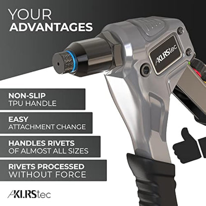 KLRStec® Professional Rivet Gun Kit incl. 120 Pop Rivets and 4 HSS Drills - High Quality Pop Rivet Tool Kit for Processing Pop Rivets