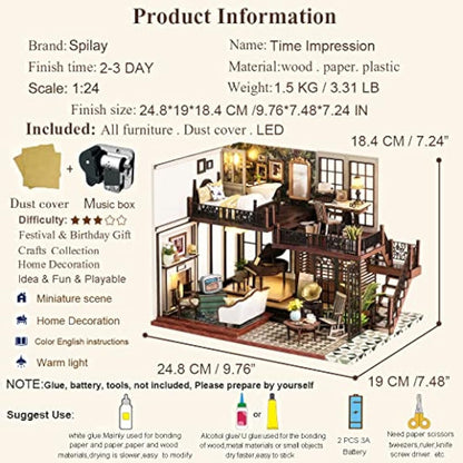Spilay DIY Miniature Dollhouse Wooden Furniture Kit,Handmade Mini Crafts Modern Villa Model with Dust Cover & Music Box,1:24 Scale Creative Doll House Toys (LV002) (Time Impression)
