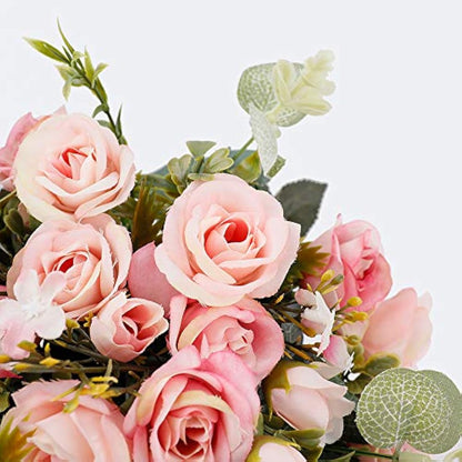 LESING Artificial Silk Rose with Vase Fake Flowers Wedding Flowers Bouquets Arrangement Home Office Party Centerpiece Table Decoration (Pink)