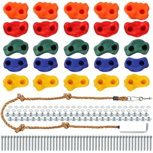 ZENFUN 25 Packs Rock Climbing Holds for Kids and Adults, Indoor & Outdoor Rock Wall Climbing Kit, Multi-Colored Climbing Rock Wall Grips with Mounting Hardware, Knotted Rope and 25 Handles