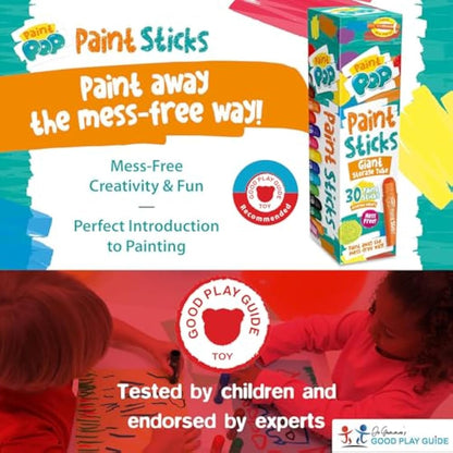Paint Pop Paint Sticks For Kids - 30 Pack Assorted Colours & Giant Storage Tube - Twist & Paint, Mess-Free, Fast Drying Action, Easy Clean Up, Vibrant Colours, Multi-Surface,0.5 Liters