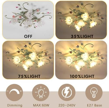 meibeileil Country Villa Ceiling Lights,Chandelier with Glass Lampshade and Pink Ceramic Roses,Vintage Flower Design Light Fittings Ceilings for Living Room Bedroom Restaurant Hallway