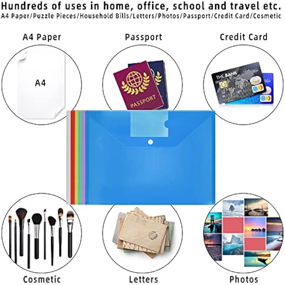 Plastic Wallets - A4 Folders for Paperwork A4 Document Files Folder Plastic Popper Wallets with Pocket, Pack of 6