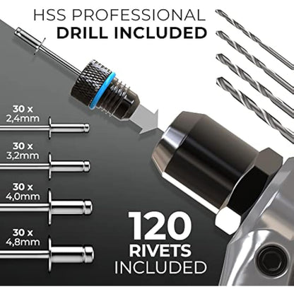 KLRStec® Professional Rivet Gun Kit incl. 120 Pop Rivets and 4 HSS Drills - High Quality Pop Rivet Tool Kit for Processing Pop Rivets