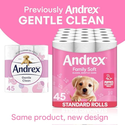Andrex Family Soft Toilet Tissue 45 Rolls (Previously Andrex Gentle Clean) Gentle on your Family’s skin– Bulk Pack of 45 Toilet Rolls, FSC Certified