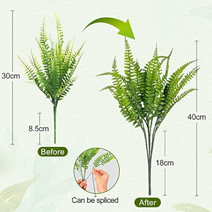 ToKinCen 12Pcs Artificial Fern Outdoor Faux Fern Plants Fake Boston Fern Plants Plastic Greenery Bushes Shrubs Bundles Patio Basket Pot Hanging Garden Planter Indoor Outside Decor
