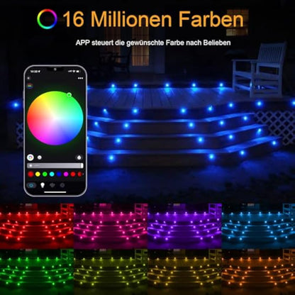 GEYUEYA Home Led Decking Lights RGB Waterproof IP67 Multicolor Ø30MM 12V APP Function LED Deck Lights with Remote Control for Terrace/Patio/Path -30 Packs