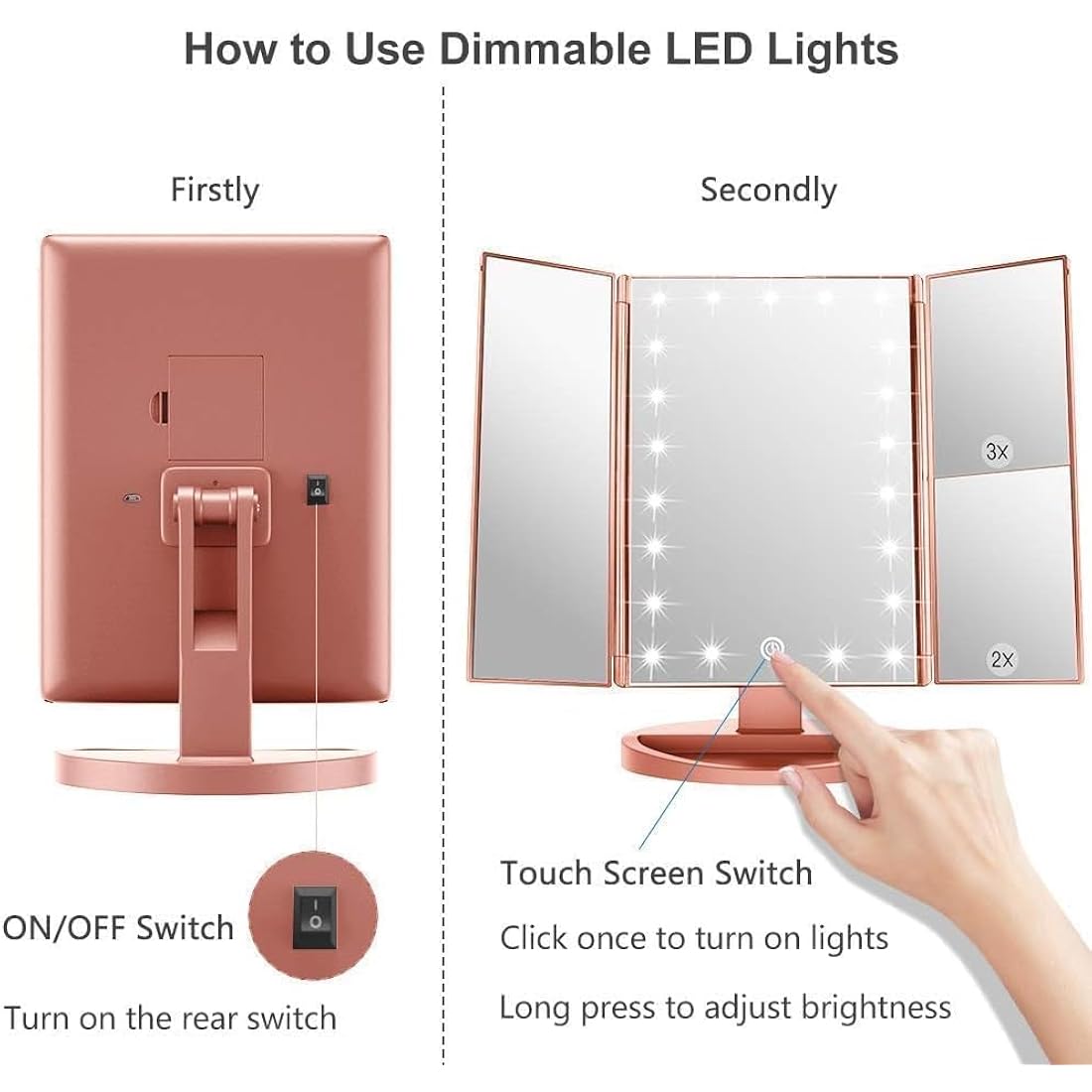 WEILY Tri-fold Vanity Mirror, 21 LEDs and 2X/3X Magnification, Touch Switch for Adjusting Brightness, Dual Power Supply mode Makeup Mirror (Rose Gold)