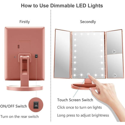 WEILY Tri-fold Vanity Mirror, 21 LEDs and 2X/3X Magnification, Touch Switch for Adjusting Brightness, Dual Power Supply mode Makeup Mirror (Rose Gold)