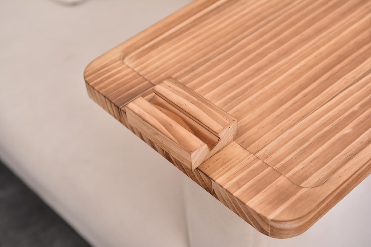 Uwenkjie Pine Wood Rotating Armrest Tray - Foldable Rectangular Sofa Armrest Table, Clamped On, Burnt Color