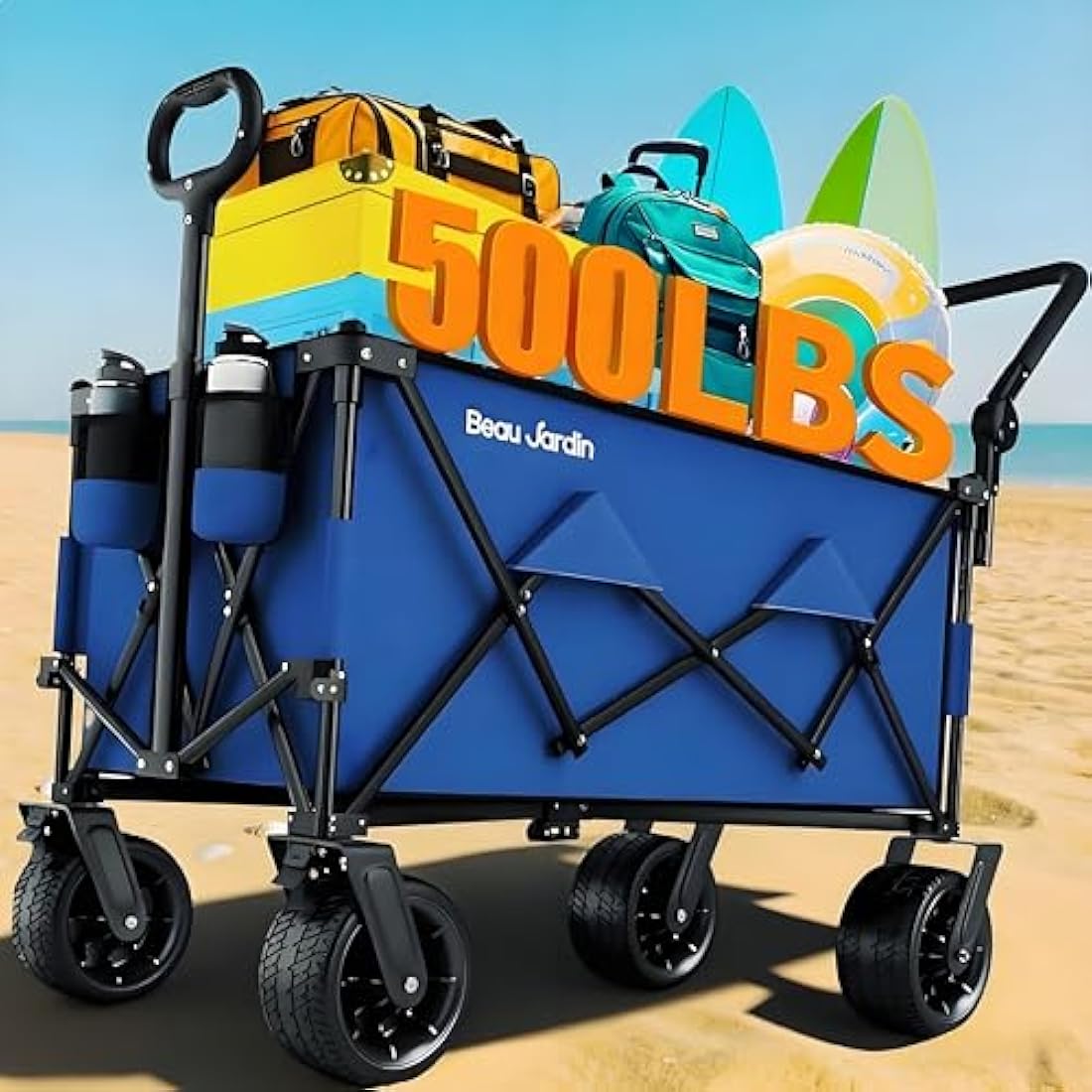 BEAU JARDIN XXL Festival Trolley on Wheels Beach Cart - 220L 230KG Heavy Duty Folding Wagon All-Terrain Utility Wide Wheels for Camping & Shopping | Push & Pull Handle | Portable Collapsible | Black