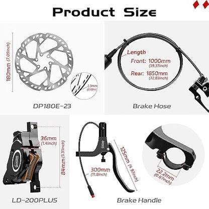 DYISLAND E-Bike Hydraulic Disc Brake Set 4-Pistons/2-Pistons, 2-PIN/3-PIN Pre-Bled with Mineral Oil Brakes Kit，Front and Rear Set，with 180mm 2.3mm Thick Rotors