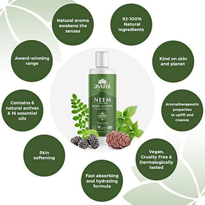 Ayumi Neem & Tea Tree Body Lotion | Oil Control Moisturiser for Oily Skin | Acne Cream with Witch Hazel | Nettle Leaf Hand Cream to Soothe Irritation | Body Moisturiser for Men & Women | 3 x 250ml