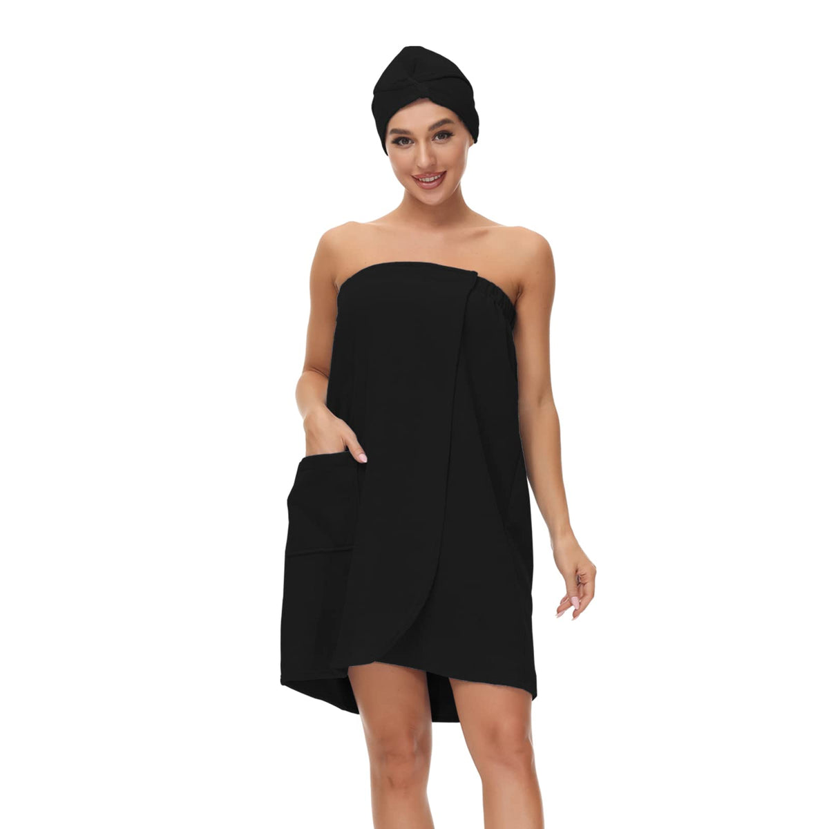 Verve Jelly Spa Body Towel Wrap, with Hair Towel Women Bath Towel Wrap Cover Up for Shower Super Soft Lightweight Bath Wrap Robe Towel Black L
