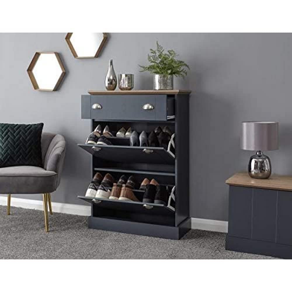 GFW Kendal Deluxe Shoe Cabinet, Slate Blue and Oak Effect Storage Cabinet with 2 Flip Doors and Drawer, Hallway Shoe Storage for up to 12 Pairs