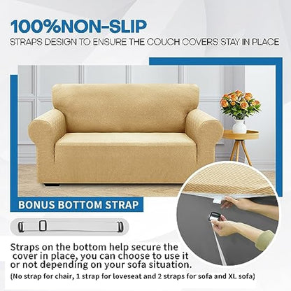 XINEAGE High Stretch Sofa Covers 2 Seater Latest Jacquard Loveseat Covers 1 Piece Couch Covers for 2 Seater Non Slip Sofa Covers for Dogs Washable Sofa Slipcovers Living Room (2 Seater, Beige)