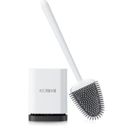 ASOBEAGE Silicone Toilet Brush: Flexible Head, Long Handle, Wall-mounted, Quick-drying Holder for Bathroom Clean (White)