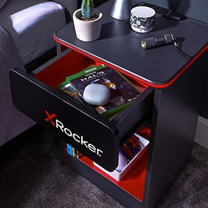 X-Rocker Carbon-Tek Gaming Bedside Table Unit with Built-in Wireless Charging and Ambient RGB Lighting, Gaming Bedroom Furniture Side Cabinet End Table with Drawer and Storage Shelf - GREY/RED